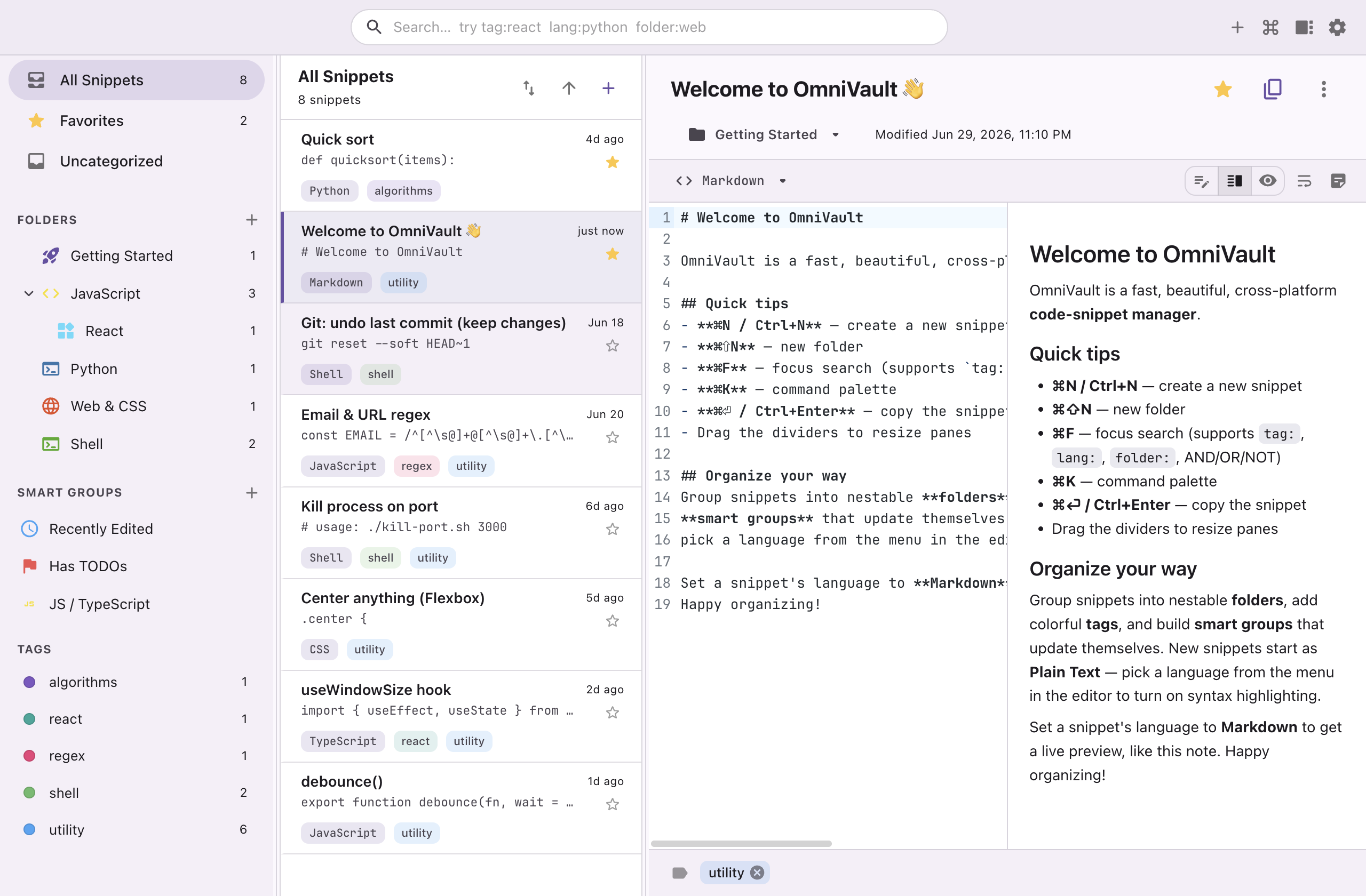 Trove's three-pane workspace: a library sidebar with folders and tags, a list of code snippets, and a Markdown editor with live preview.