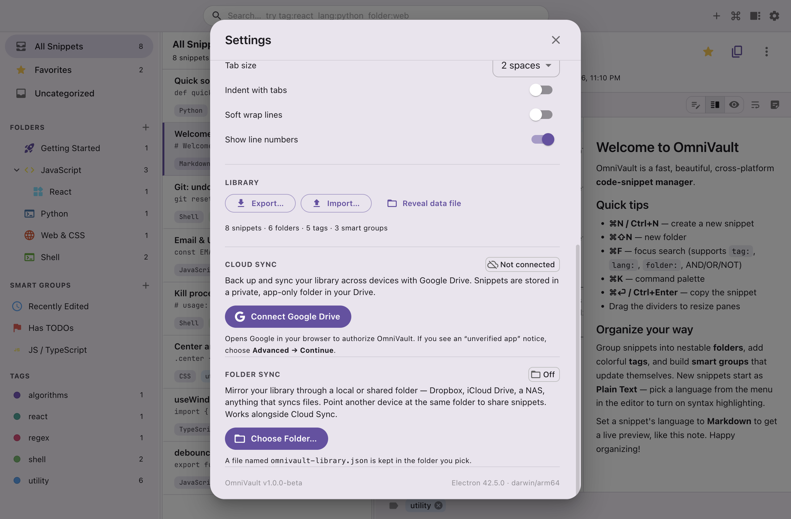 Trove's Settings panel with Cloud Sync (Google Drive) and the new Folder Sync option for syncing through a shared folder.